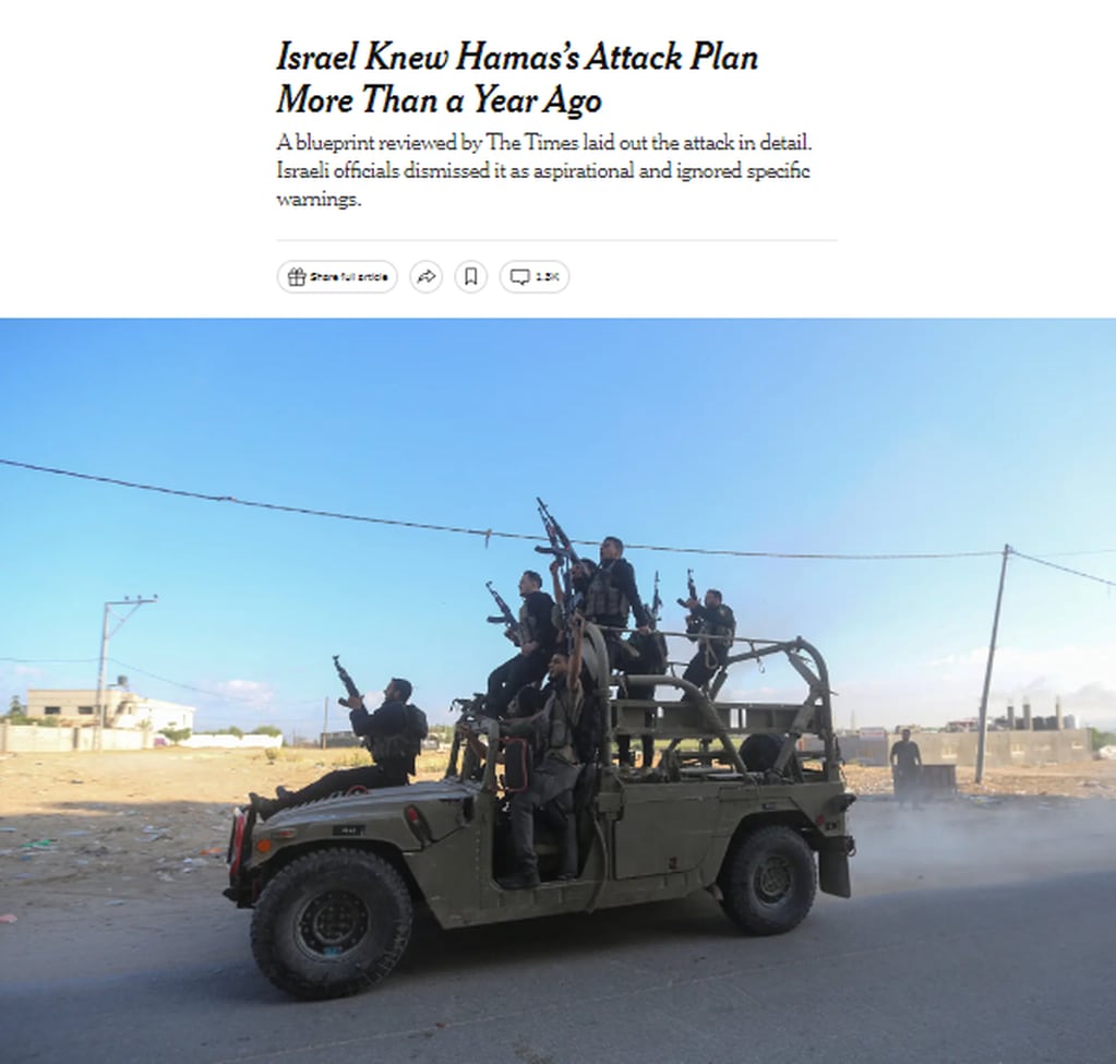 El informe de The New York Times revela que Israel conocía el plan de ataque de Hamas hace más de un año. Foto Captura: The New York Times