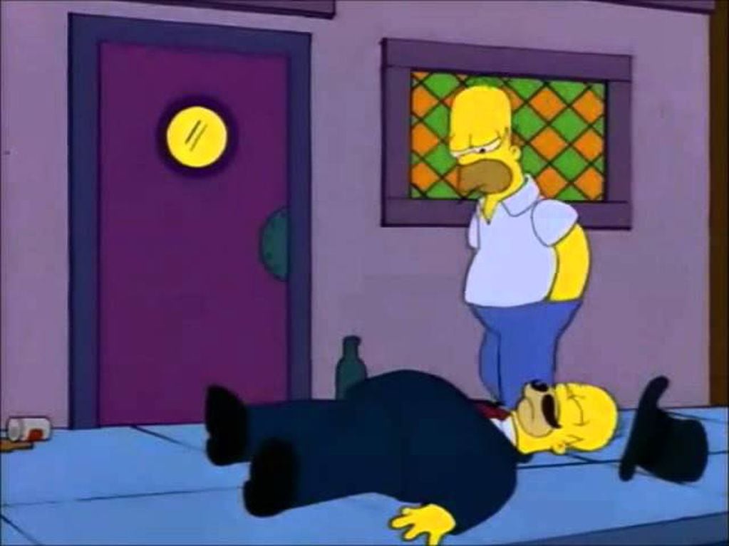 Homero Simpson se encuentra con Cosme Fulanito a la salida de la taberna de Moe