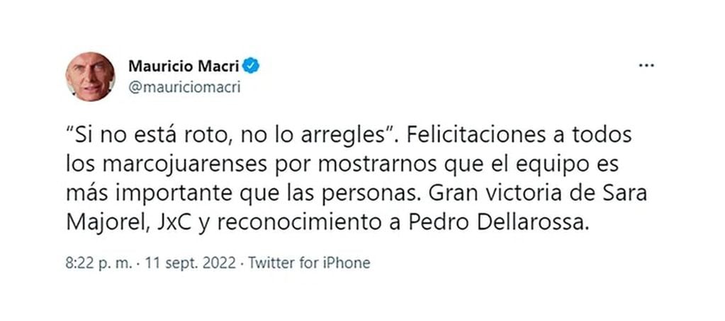 Felicitaciones de Mauricio Macri a Sara Majorel (JxC) en Marcos Juárez (Twitter)