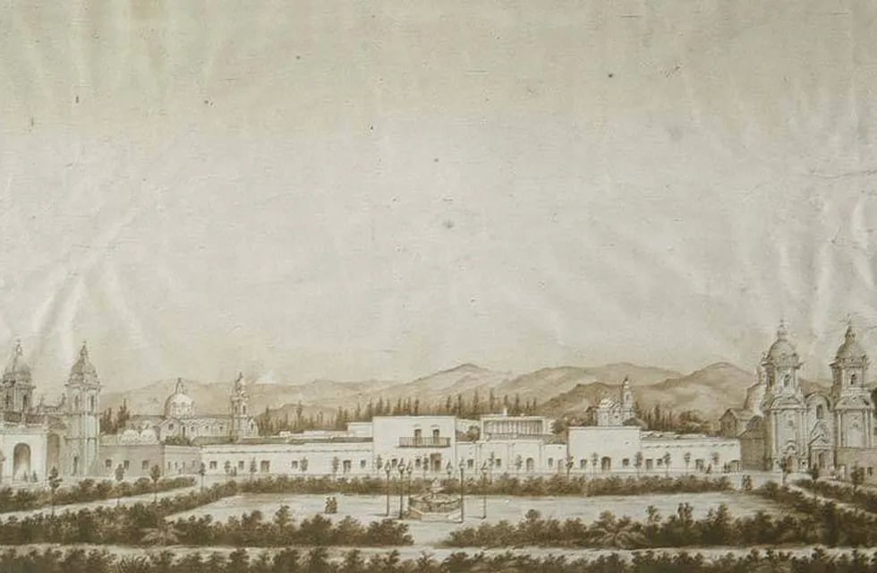 P. Mousse. Litografía de un dibujo de Pallière. Vista de la ciudad de Mendoza, tomada desde el Cabildo. 1860. Instituto Nacional Sanmartiniano. Buenos Aires.