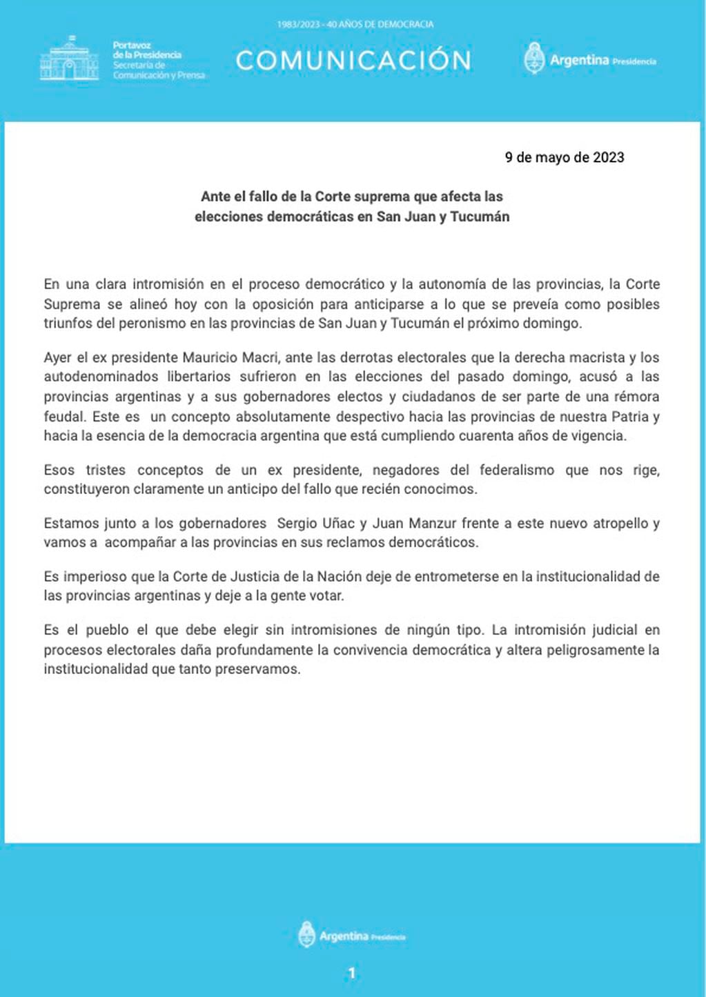 Comunicado del gobierno tras la decisión de la Corte de suspender las elecciones en Tucumán y San Juan. Fuente: Casa Rosada.