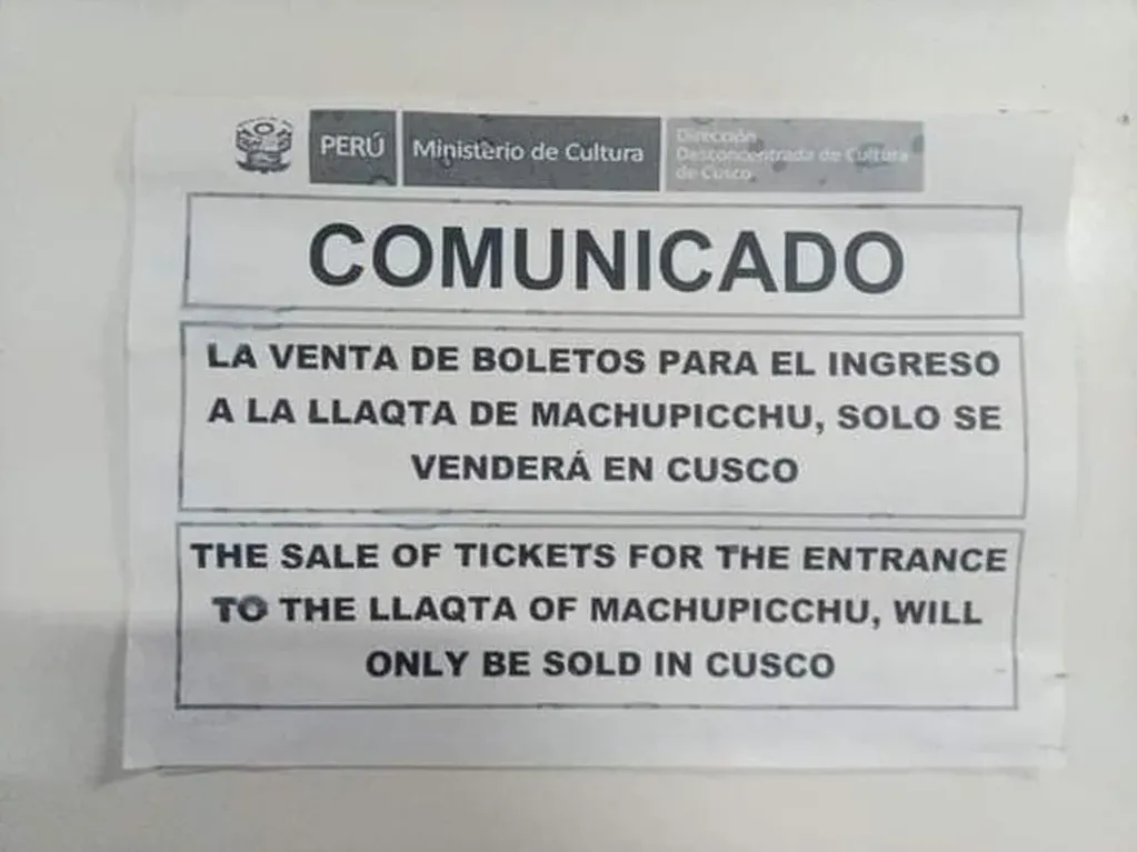 Cancelación de venta de boletos a Machu Picchu. Foto: Web
