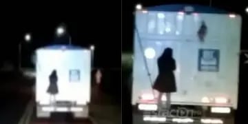 Terror en la ruta por la mujer "fantasma" colgada de un camión