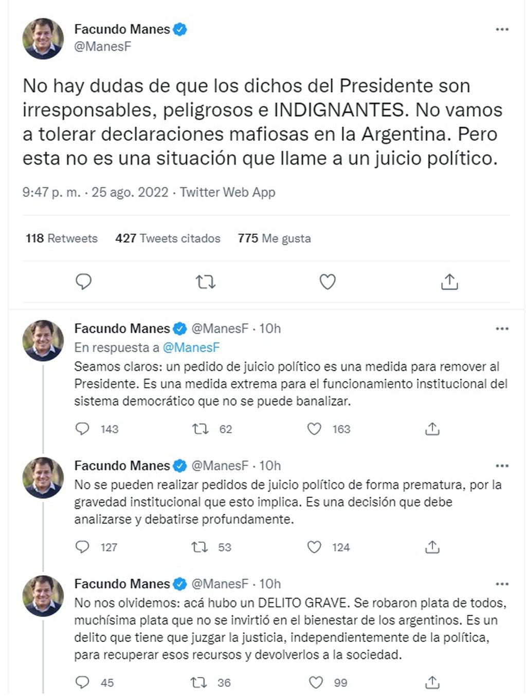 El inicio del hilo de Facundo Manes explicando por qué no acompañó el pedido de juicio político a Alberto Fernández (Twitter)