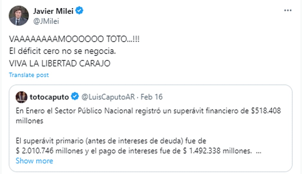 Javier Milei celebró en Twitter el superávit financiero del mes de enero. Gentileza: Captura X @JMilei.
