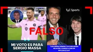 Son falsas estas supuestas placas de TyC Sports sobre Lionel Messi y un apoyo a Sergio Massa. (Ignacio Corral / Reverso)