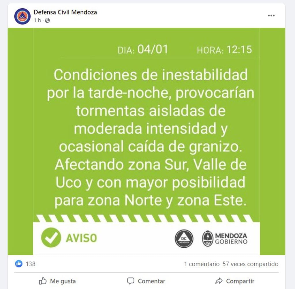 Alerta de Defensa Civil por tormentas en Mendoza para este martes 4 de enero