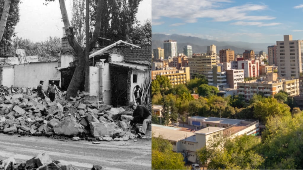 Izquierda: sismo 1985; Derecha: Ciudad de Mendoza en la actualidad
