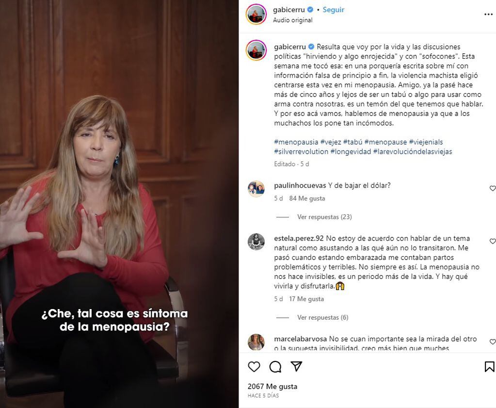 Gabriela Cerruti, preocupada por la menopausia (Captura de video / Instagram)