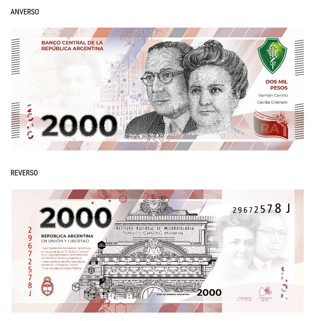 Billete de 2000 pesos con la imagen de Cecilia Grierson y al doctor Ramón Carrillo - BCRA