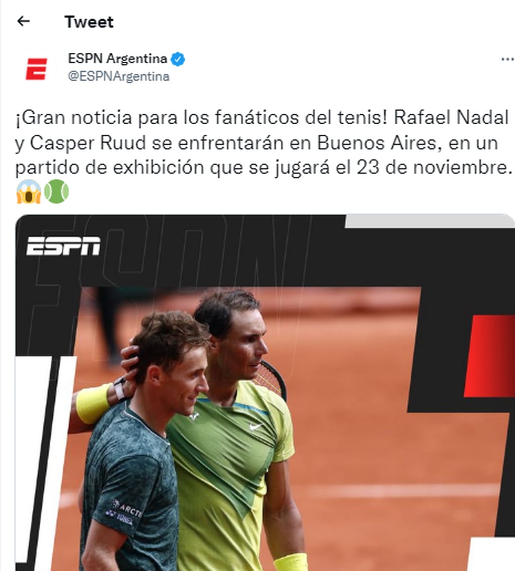 Rafael Nadal y Casper Ruud se enfrentarán en Buenos Aires, en un partido de exhibición que se jugará el 23 de noviembre. / Gentileza.