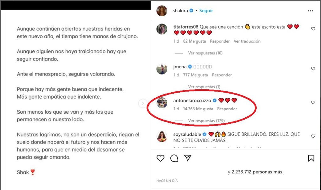 El posteo de Shakira al que reaccionó Antonela Roccuzzo.