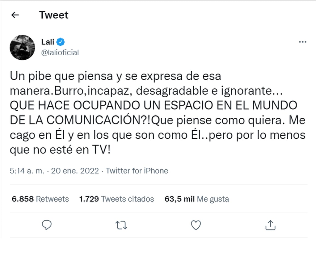 Lali Espósito hizo un fuerte descargo para Flavio Azzaro  en Twitter.