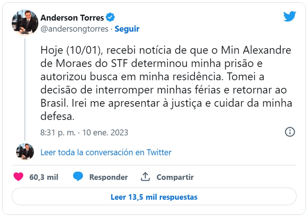 Anderson Torres publicó en Twitter su regreso a Brasil. Foto: Twitter/@andersongtorres