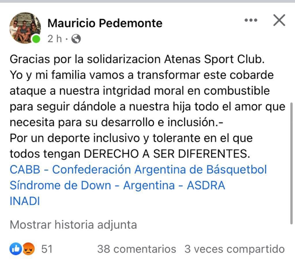 El comunicado de Mauricio Pedemonte en sus redes sociales. / Gentileza.