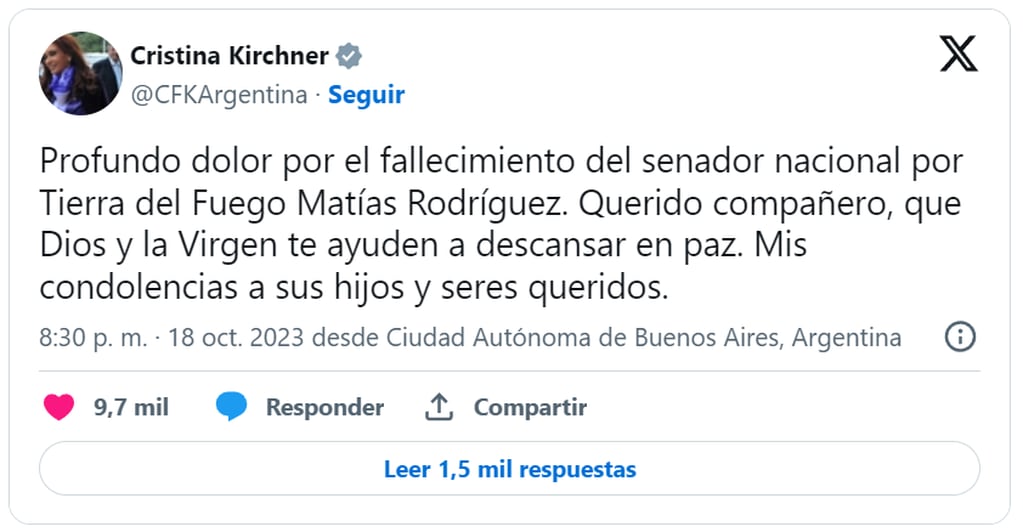 Cristina Kirchner despidió a Matías Rodríguez. Foto: X / @CFKArgentina