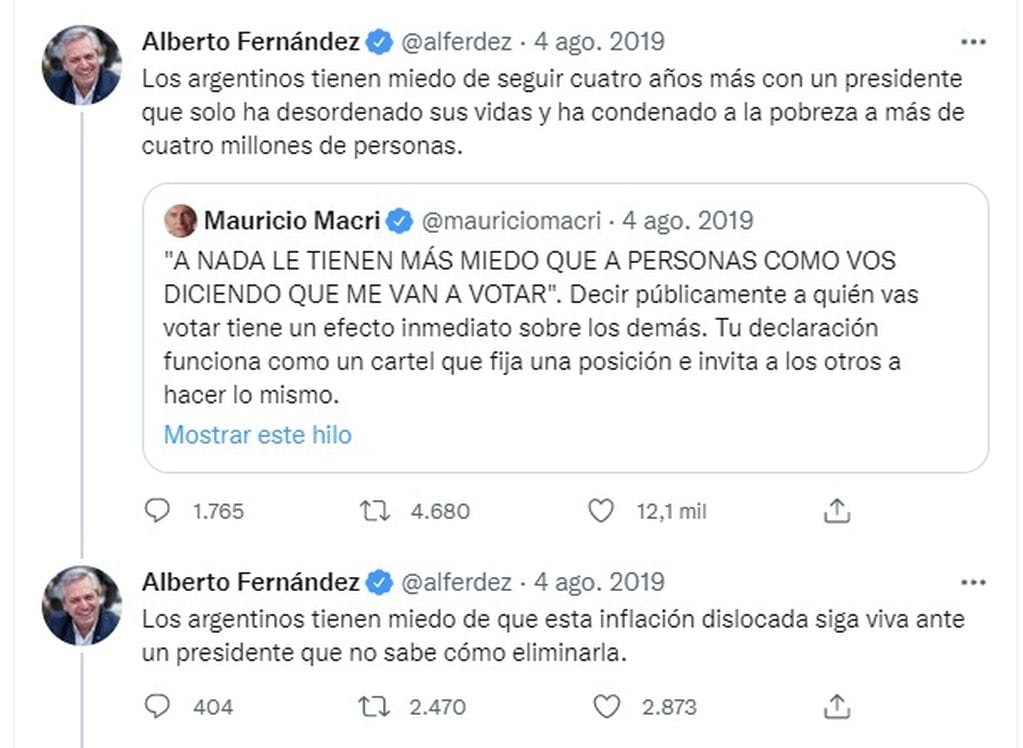 El día que Alberto Fernández se quejó de la inflación y dijo que "los argentinos tienen miedo ante un presidente que no sabe cómo eliminarla" (Twitter)