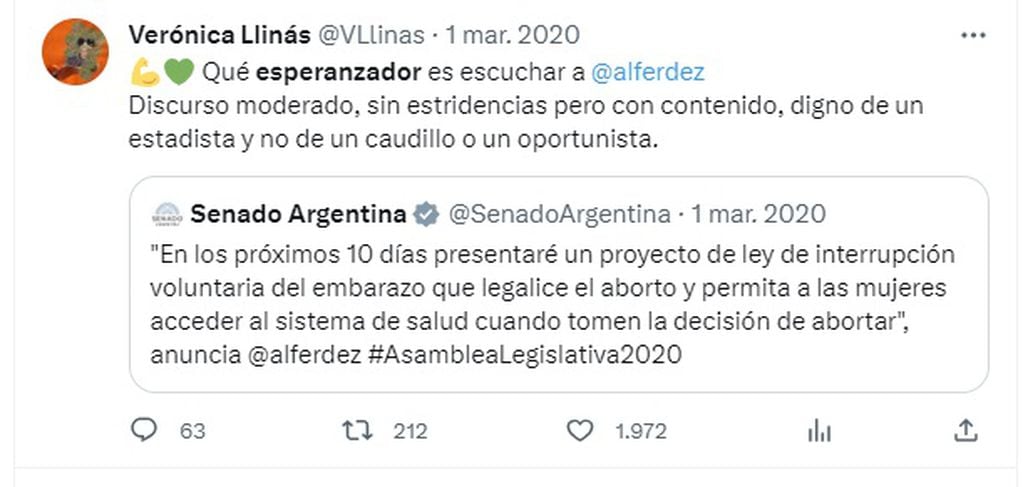 Verónica Llinás lloró por el precio de las papas y le recordaron: "TUGO". En la foto, un tuit de la actriz publicado en marzo de 2020.