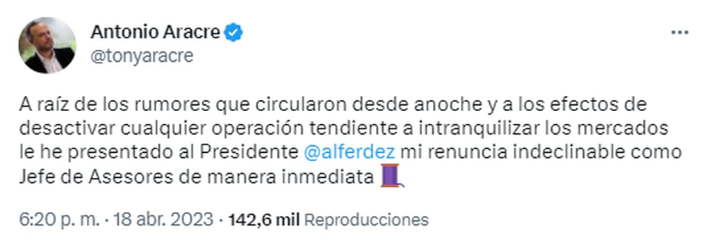 Antonio Aracre informó sobre su renuncia en Twitter - Twitter Antonio Aracre