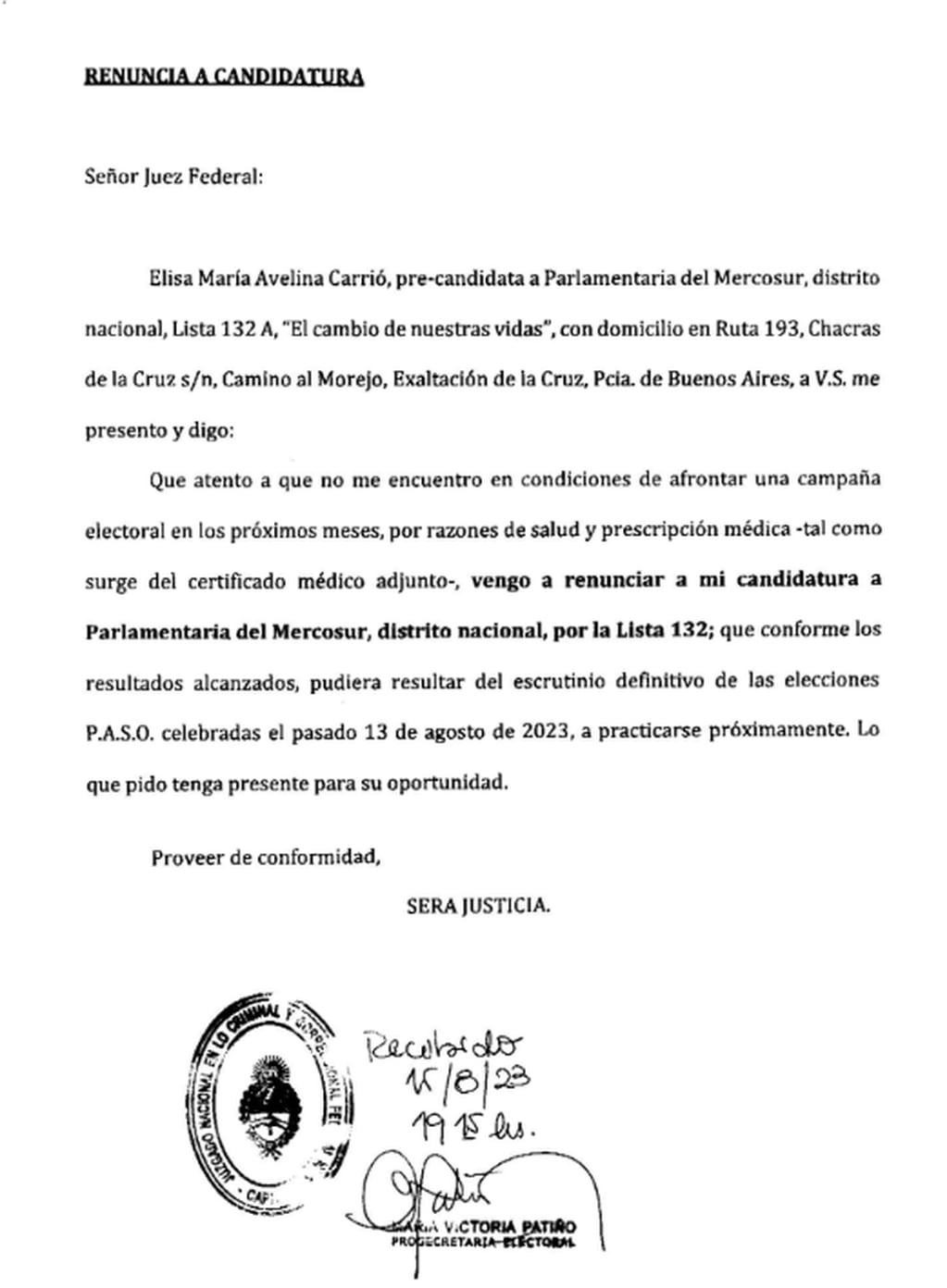 La renuncia de Elisa Carrió ante el Juez Federal. Foto: La Nación