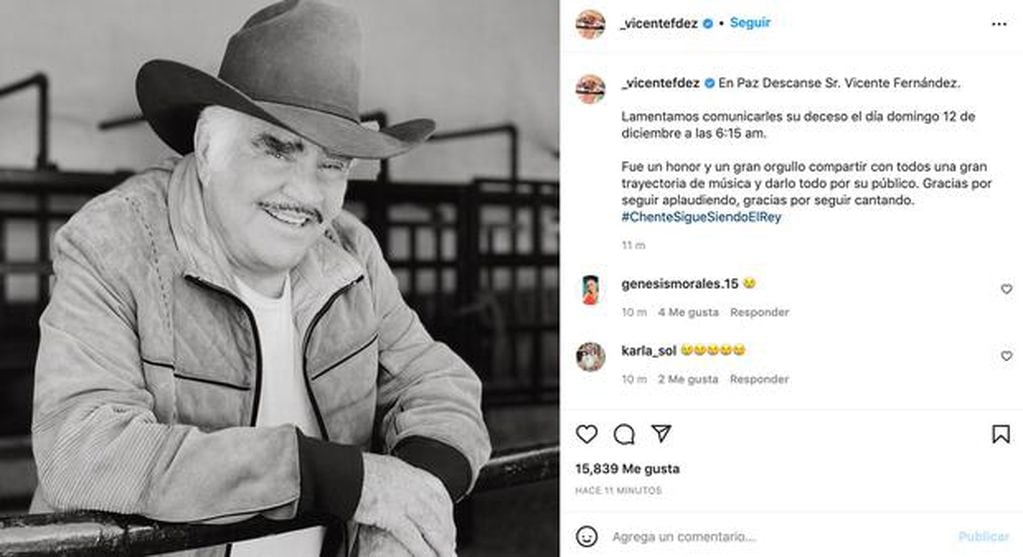 La confirmación de la muerte de Vicente Fernández, ídolo de la música mexicana (Instagram) 