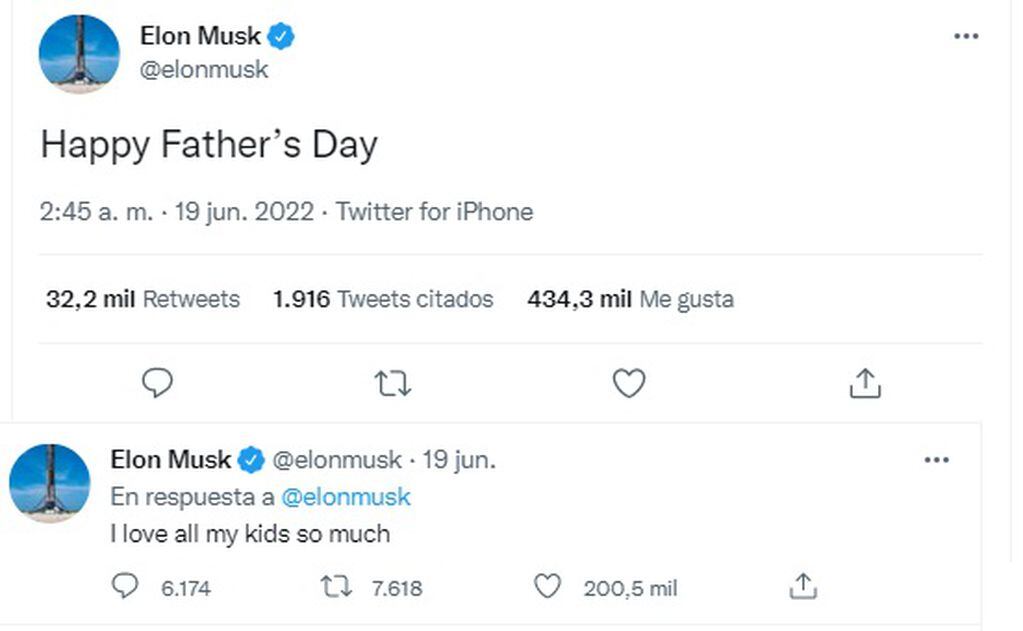 Elon había twitteado el domingo que quiere mucho a todos sus hijos.