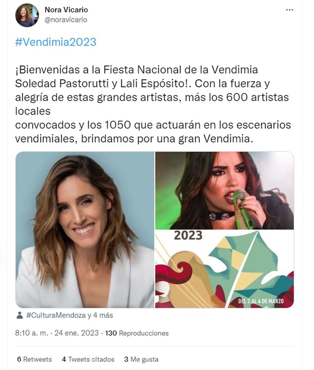 El anuncio de la ministra de Cultura y Turismo, Nora Vicario: Lali y la Sole a la Vendimia 2023 (Twitter)