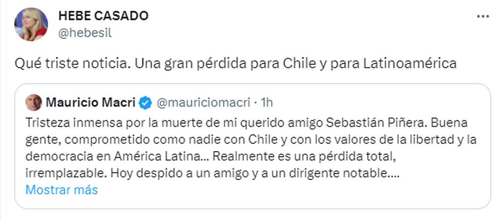 La vicegobernadora Hebe Casado despidió al ex presidente chileno, Sebastián Piñera.