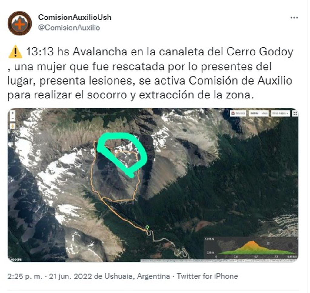 Una mujer quedó atrapada luego de una avalancha en el cerro Godoy, en Ushuaia, y tuvo que ser rescatada.