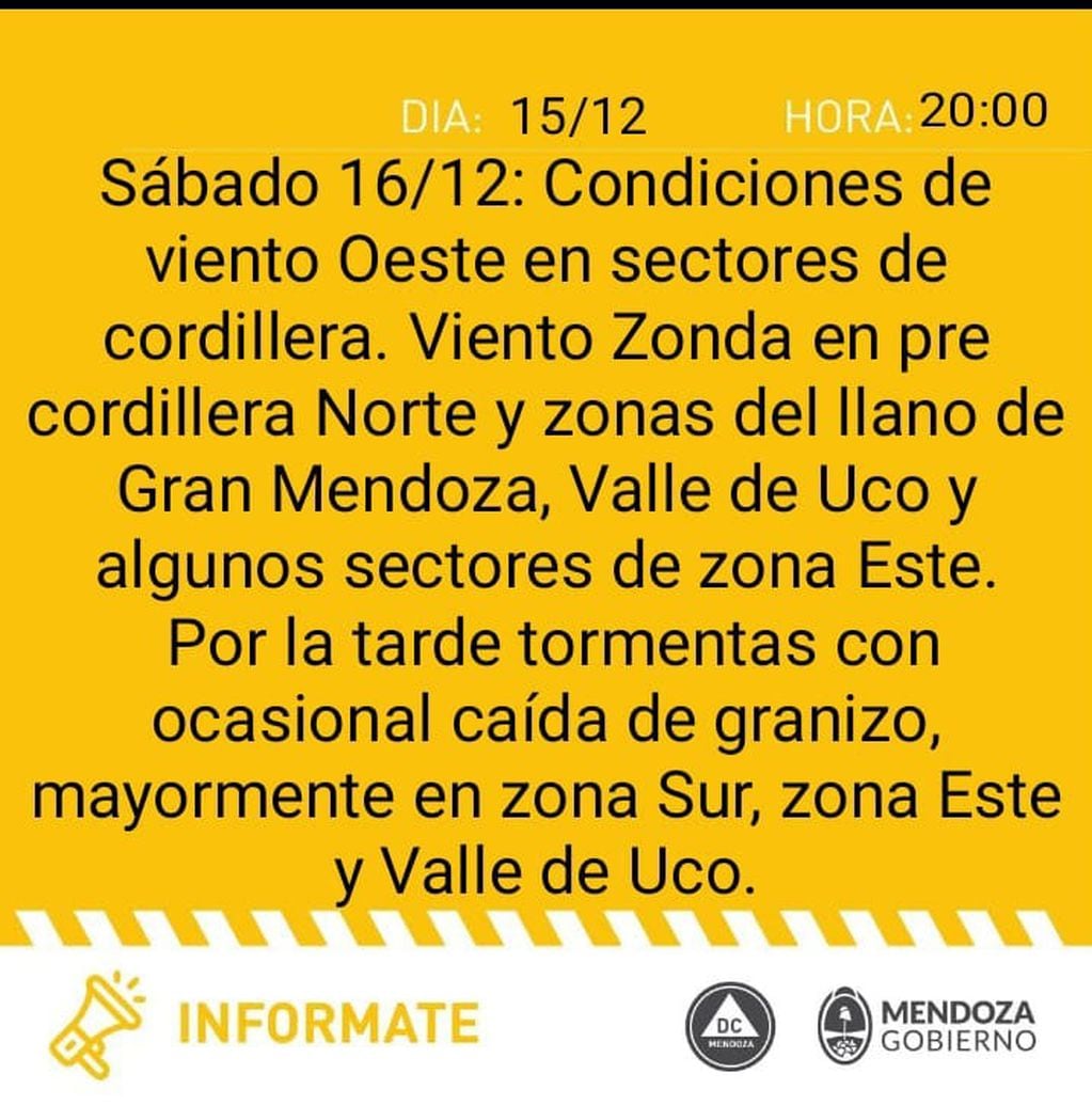 Alerta amarilla de Defensa Civil por viento Zonda en Malargüe y sectores de San Rafael.