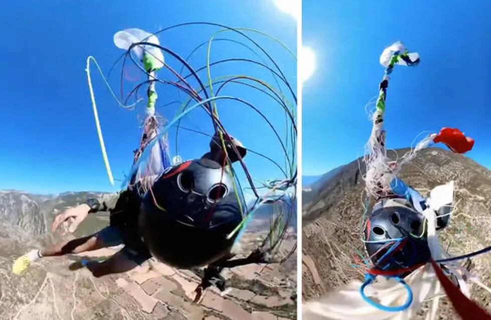 Kevin Philipp sufrió un susto de muerte cuando su paracaídas se enredó con los cables. Foto: Web