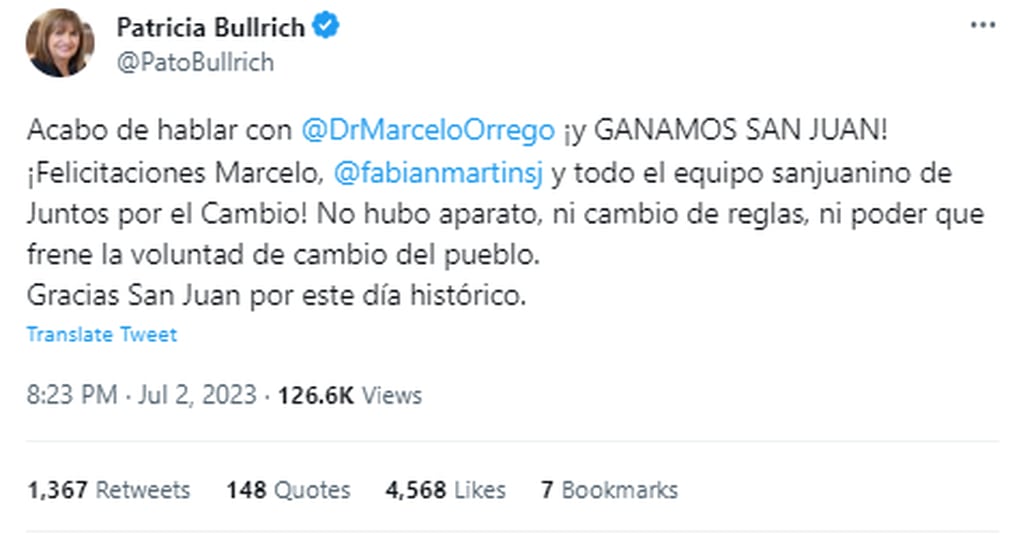 El mensaje de Patricia Bullrich hacia Marcelo Orrego a través de Twitter. Gentileza: Captura Twitter @PatoBullrich.