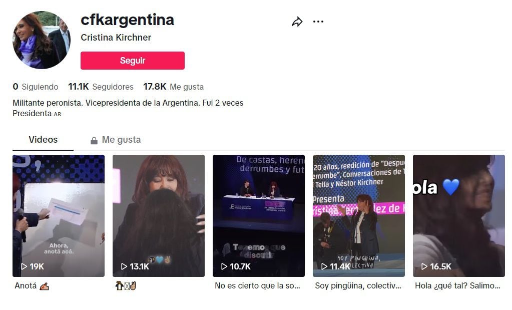 Cristina Kirchner abrió su cuenta oficial de TikTok @cfkargentina