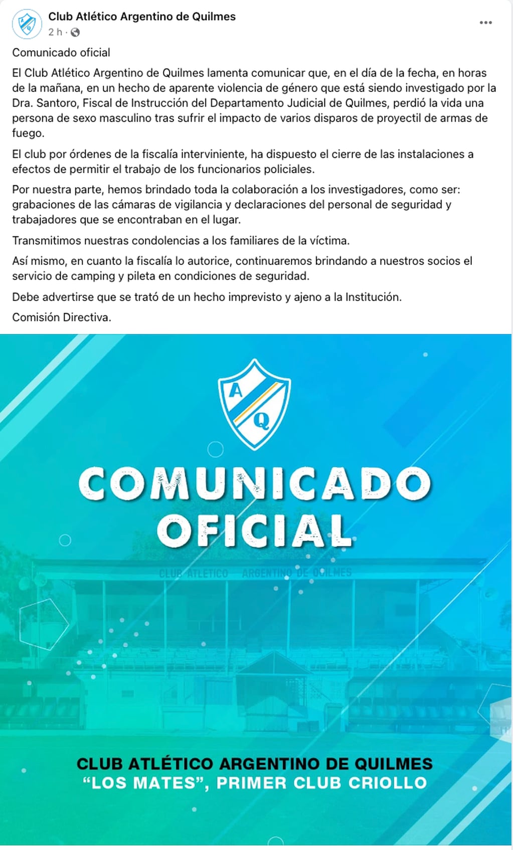 Comunicado oficial del Club Atlético Argentino de Quilmes donde asesinaron al concejal del Frente de Todos, Jorge Néstor Vega. Foto: Facebook