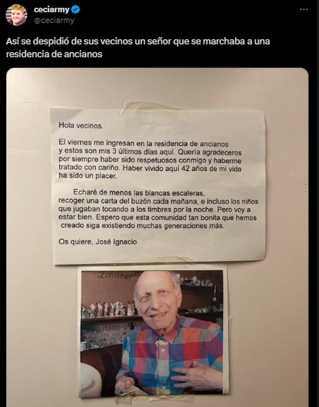El tuit viral de la carta de José Iganacio. Foto: captura.