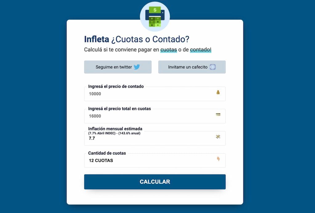 Infleta es una web que ayuda a saber si una compra conviene hacerla al contado o en cuotas debido a la inflación. Foto: Captura de pantalla