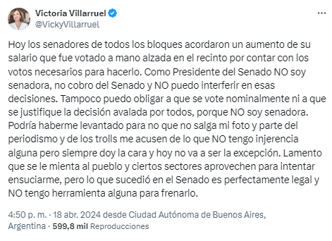 Victoria Villarruel habló del aumento en las dietas en X de los senadores y dijo que la medida "es perfectamente legal".
