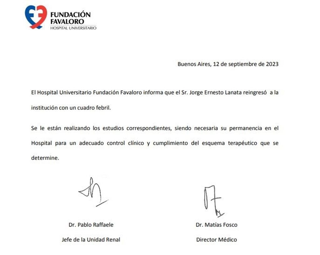 El parte médico oficial de Jorge Lanata, cuando otra vez fue internado en la Fundación Favaloro.