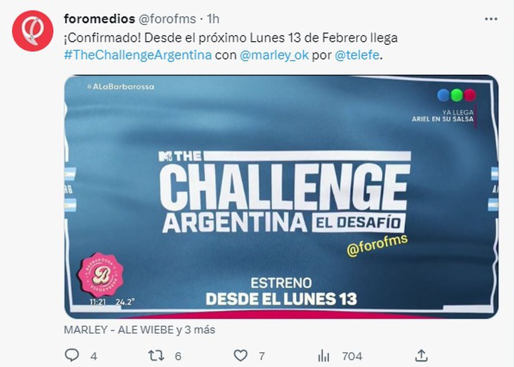 Cuándo empieza The Challenge Argentina en Telefe (Twitter @forofms)