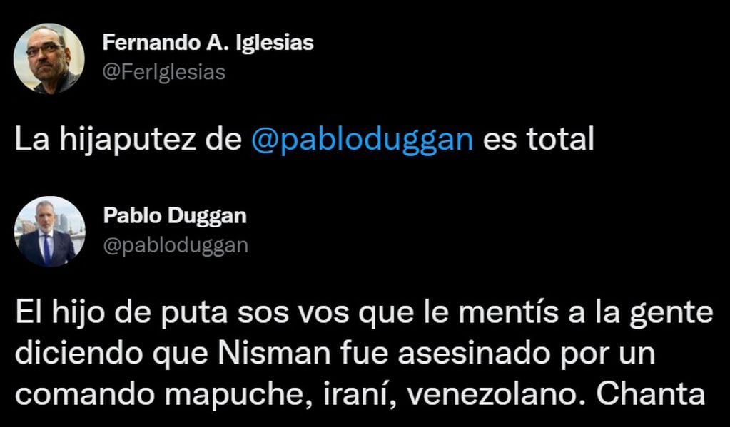 El cruce de Pablo Duggan con Fernando Iglesias (Twitter)