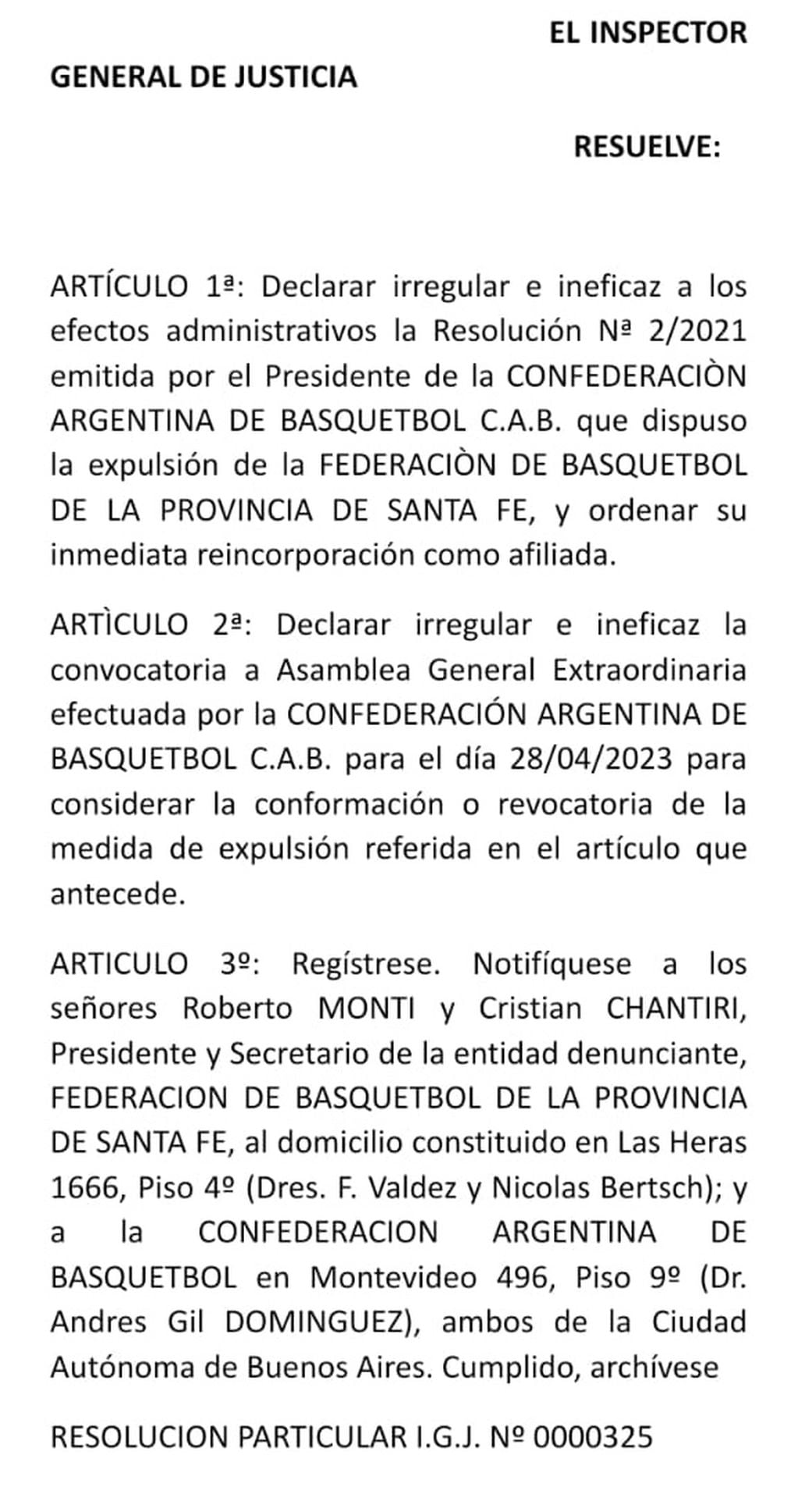 La Justicia determinó la reincorporación de la Federación de Santa Fe a la Confederación Argentina de Básquet. / Gentileza.