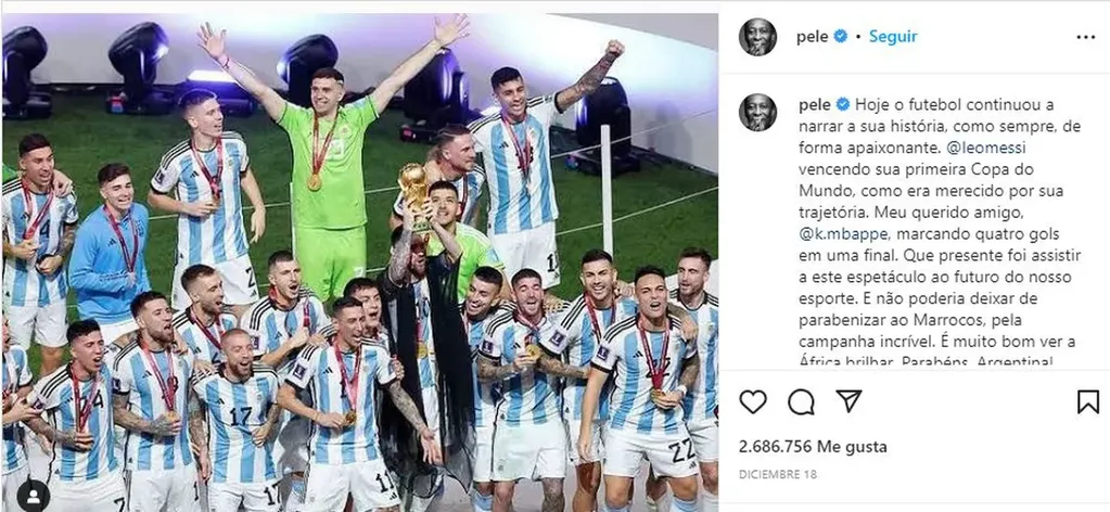 El último posteo de Pelé en Instagram, felicitando a la Selección Argentina por haber salido campeón mundial. Foto: Web