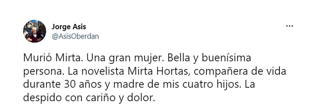 Jorge Asís despidió a su ex compañera de vida. Foto: Twitter/@AsisOberdan