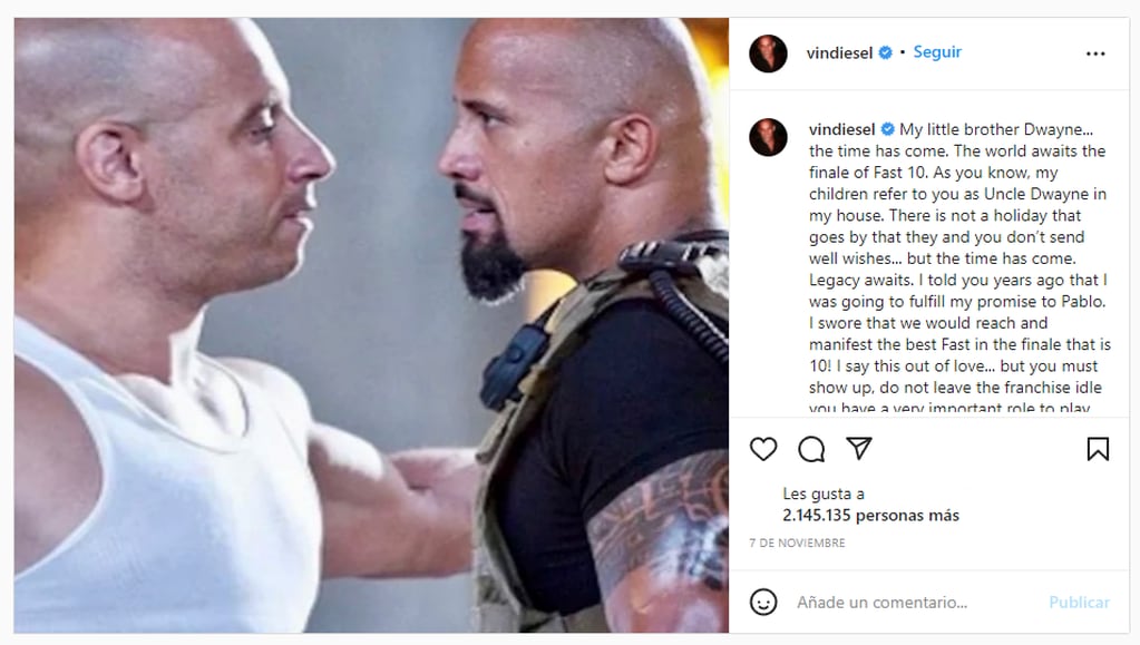 El pedido de Vin Diesel en Instagram.