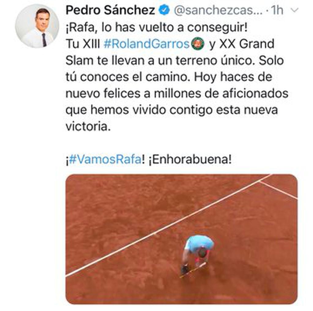 Políticos de España felicitan a Nadal, ganador de Roland Garros.