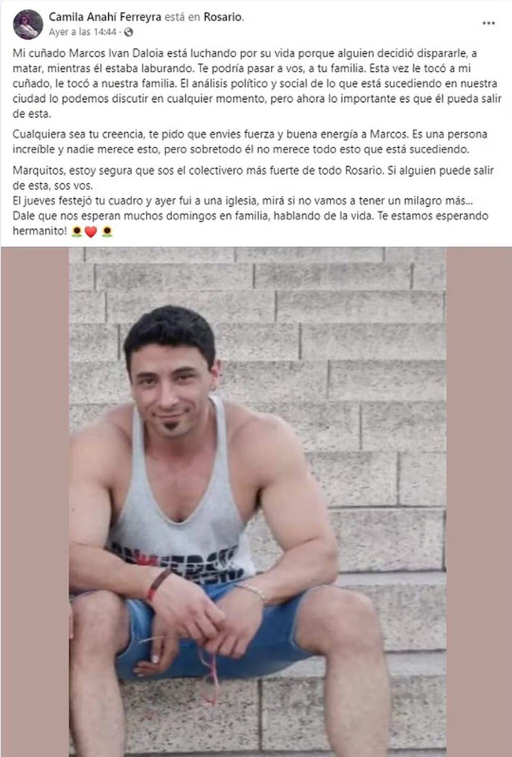 El chofer de colectivo Marcos Iván Daiola fue baleado por sicarios el jueves 7 y falleció falleció el sábado en Rosario. Foto: Facebook