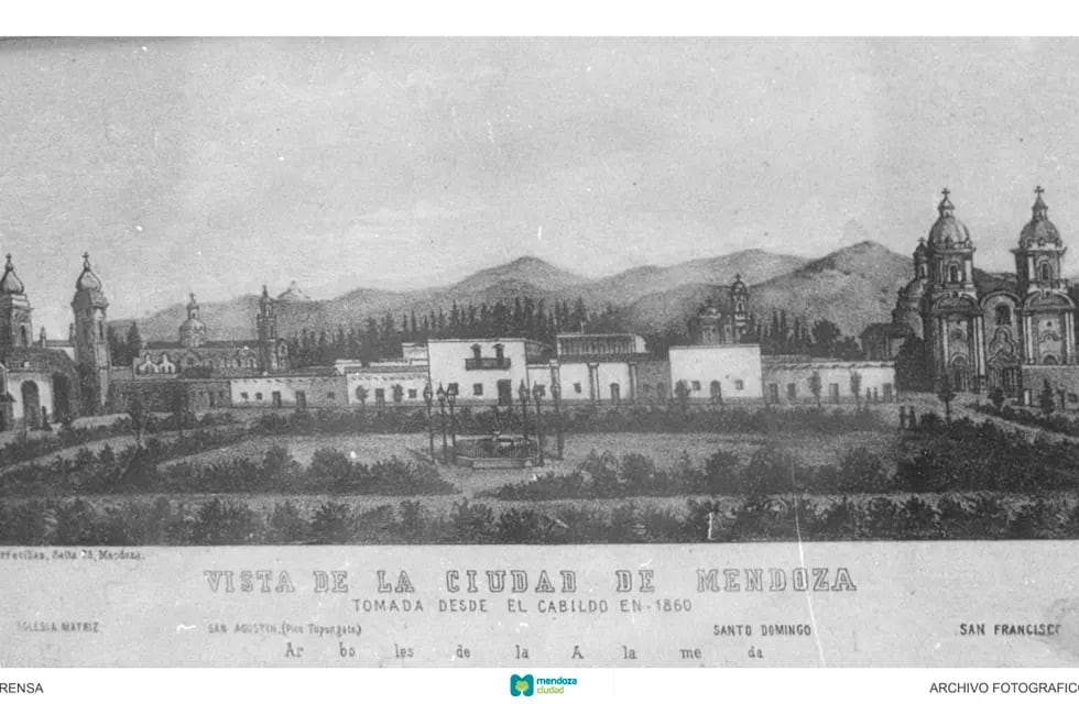 Una vista del casco histórico de la Ciudad de Mendoza en 1860, donde a la izquierda se puede observar la Iglesia Matriz.
