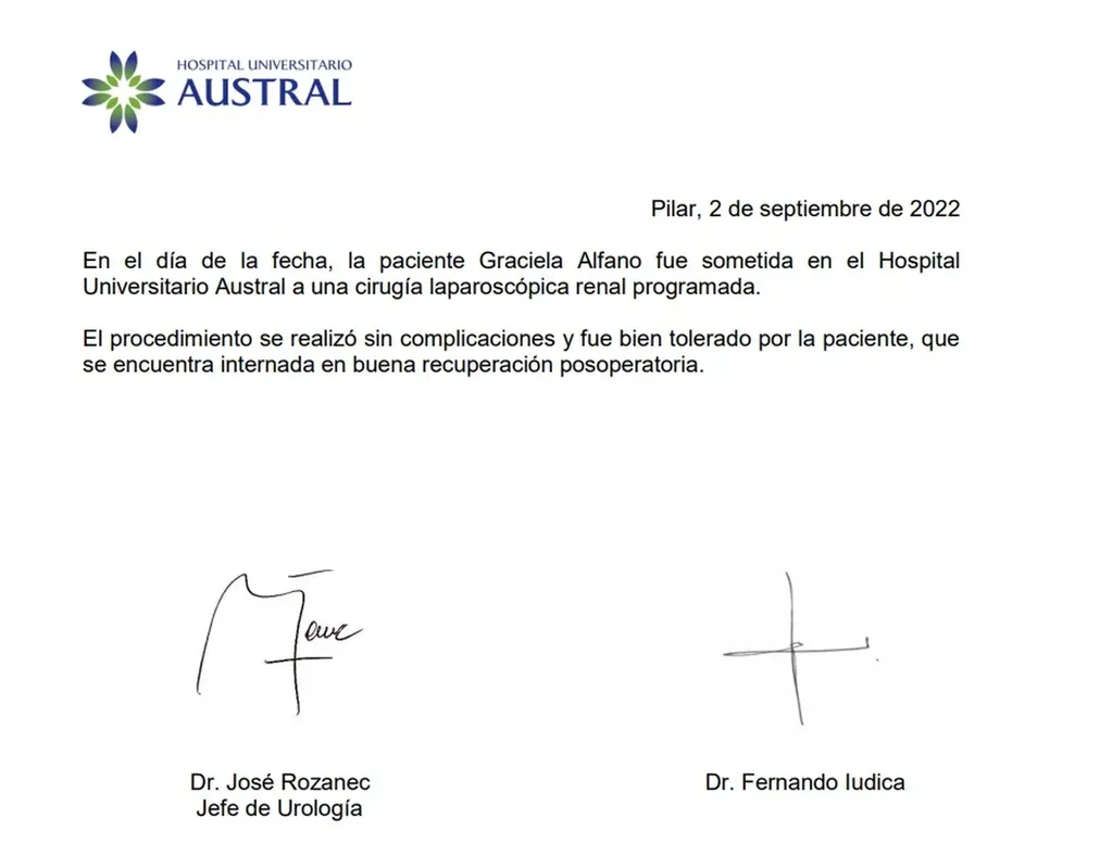 El parte médico emitido por la clínica Austral que PrimiciasYa publicó en su sitio.