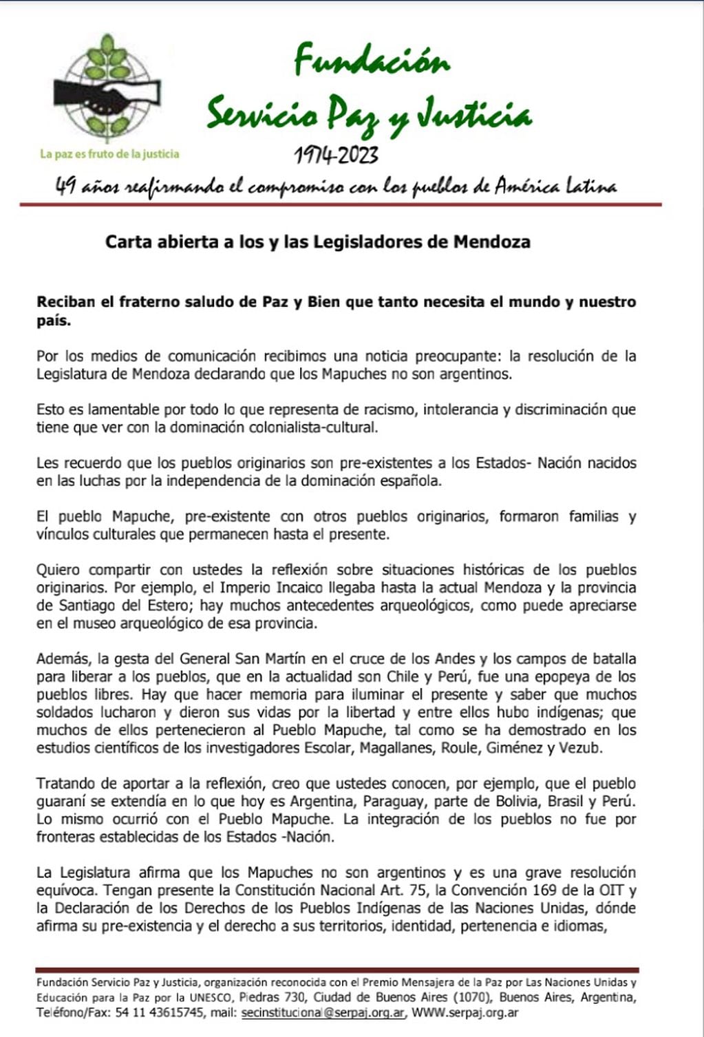 La carta abierta de Adolfo Pérez Esquivel a legisladores y legisladoras de Mendoza.