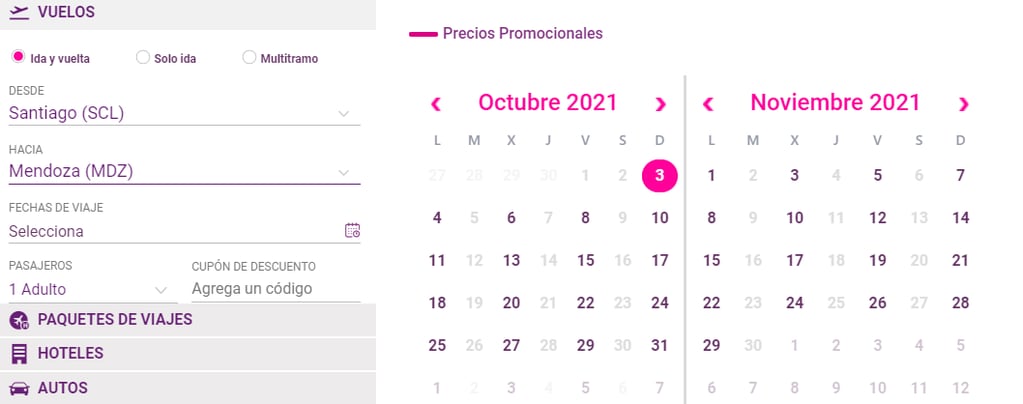La web de la aerolínea Sky ofrece boletos para conectar -idea y vuelta- Mendoza con Santiago de Chile a partir del 3 de octubre.
